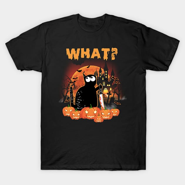 Cute Murderous Cat With Knife What? Halloween Costume T-Shirt by beelz